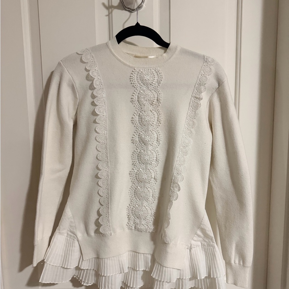 Elegant White Sweater with Lace Details